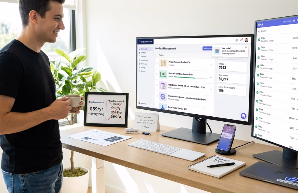 DigiCommerce dashboard, all-in-one solution, digital store simplicity