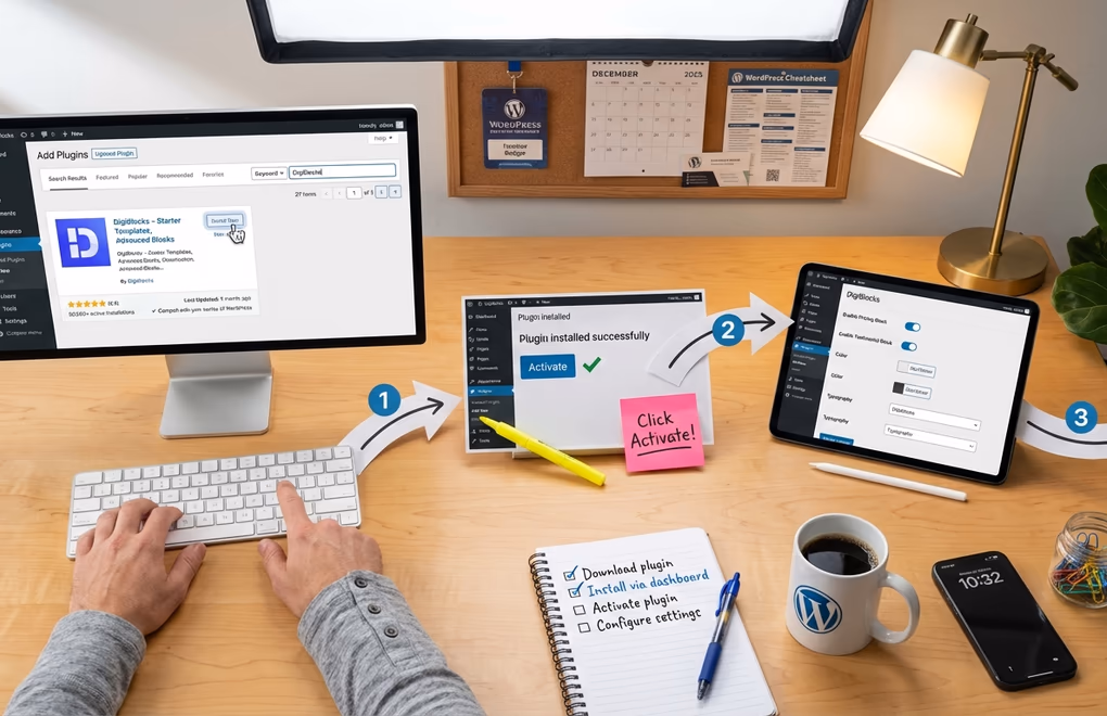 plugin installation, WordPress dashboard, block activation