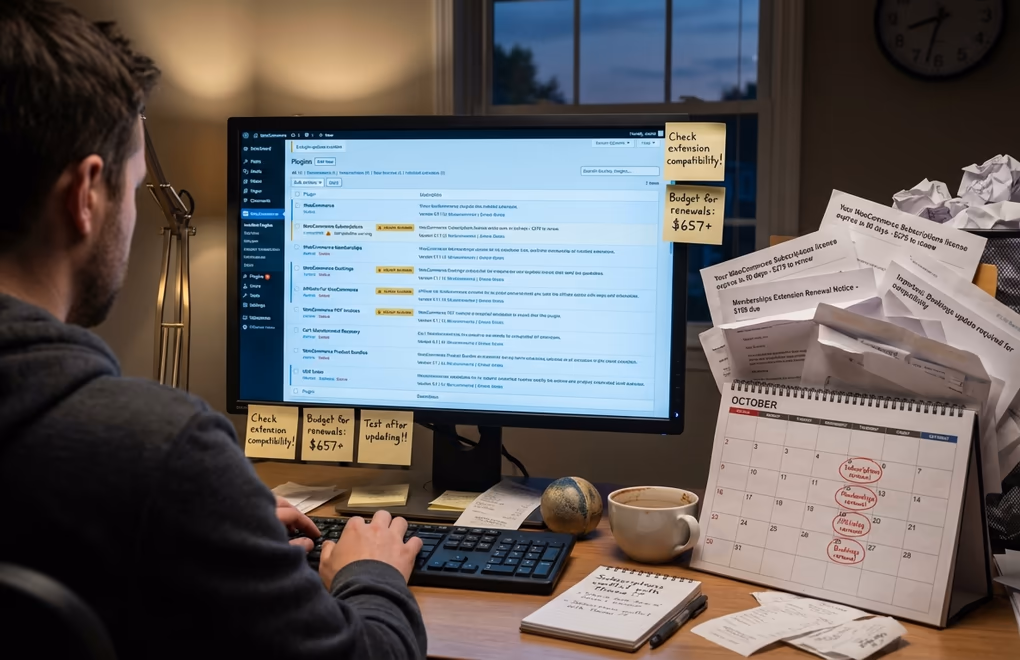 WooCommerce extensions, plugin management, renewal complexity