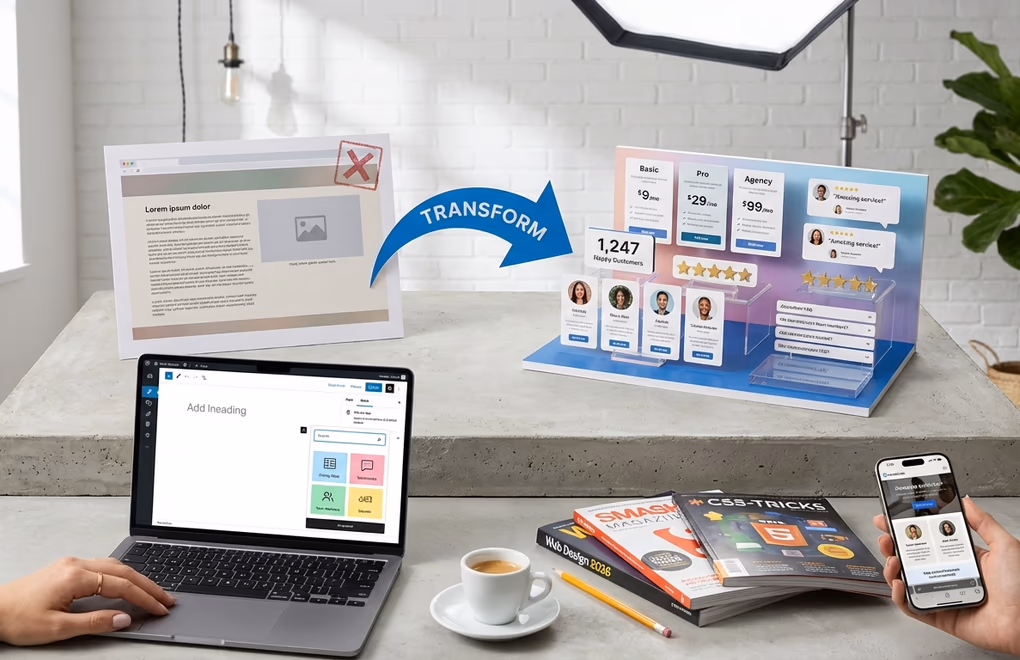 WordPress blocks, website transformation, page building