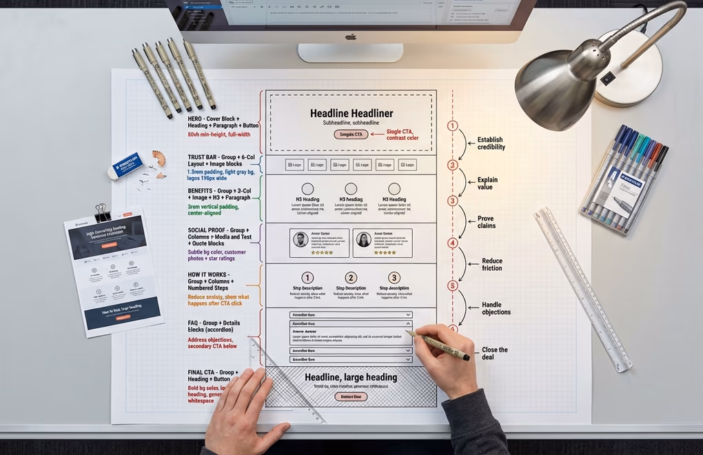 How to Design a WordPress Landing Page That Converts (Without a Page Builder) 7 landing page structure, WordPress blocks layout