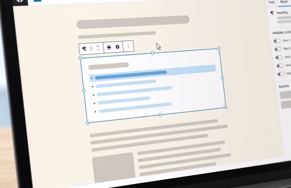 Native Gutenberg table of contents block shown in the WordPress editor
