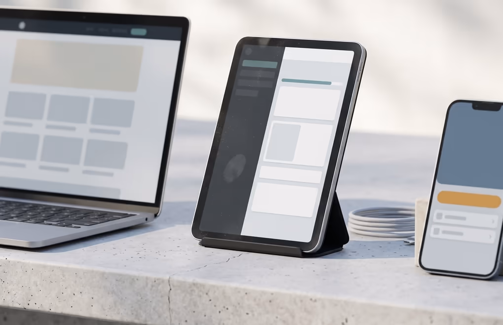 Three hosted course platform layouts compared side by side on a laptop, tablet and phone