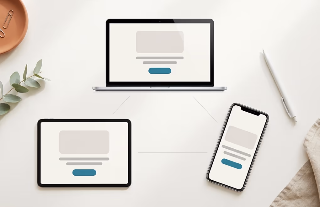 Synced patterns reusing one saved layout across a laptop, tablet and phone